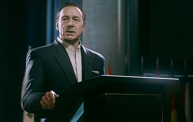 This video game image released by Activision shows an animated Kevin Spacey in a scene from "Call of Duty: Advanced Warfare."