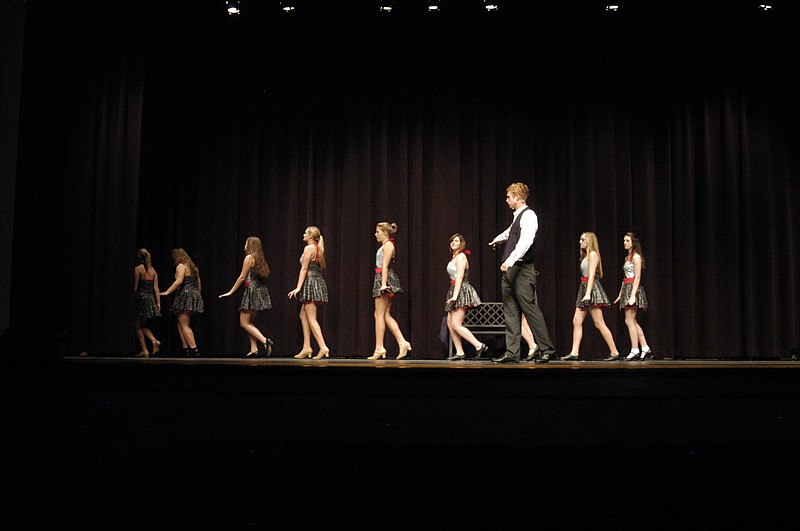 The dancers leave the stage as they rehearse for the production to be onstage at Deadrock, Nevada. Bobby Child (Alex Dalbey) is in front. Dancers pictured are, from left, Adrienne Strickfaden, Cameron Meyer, Emily Arnold, Abby Strickfaden and Lindsey Morris. Hidden behind Child is Abbie Bilyeu.