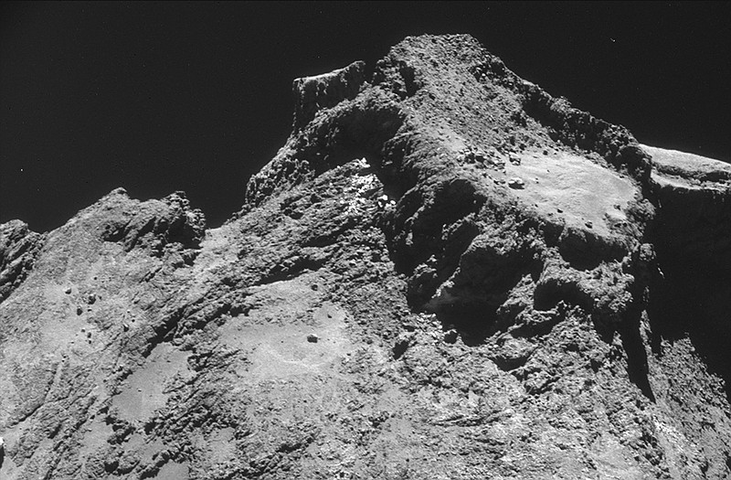 The picture taken with the navigation camera on Rosetta and released by the European Space Agency ESA shows a raised plateau on the larger lobe of Comet 67P/ChuryumovGerasimenko. It was captured from a distance about 5 miles miles from the comet.