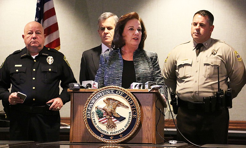 U.S. Attorney for the Western District of Missouri Tammy Dickinson announces a 27-person federal indictment at a press conference Thursday afternoon. A federal grand jury indicted 27 people for allegedly participating in a large-scale conspiracy to distribute drugs, promote prostitution and other unlawful activities in the Boone County area.