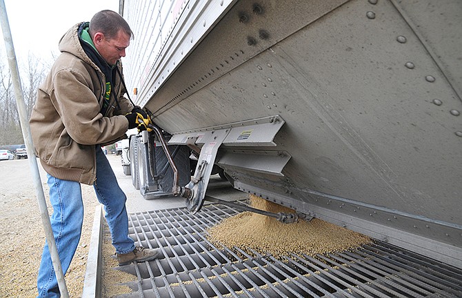 
Justin Hoellering opens the hopper door to allow soybeans to flow in to be loaded onto a grain barge. Grain trucks flowed steadily through Capital Sand Company in north Jefferson City to get to the unloading location. Due to the bumper crop of soybeans and corn, local storage is not substantial enough to hold it so farmers and farm co-ops are bringing it by the truckload to be loaded onto barges on the Missouri River.