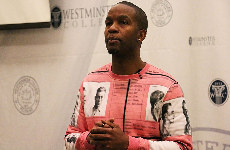 Former NFL cornerback Wade Davis shares his coming out experience with Westminster College students Monday night. He is the executive director of the You Can Play Project, an organization focused on ending discrimination, sexism and homophobia in sports.