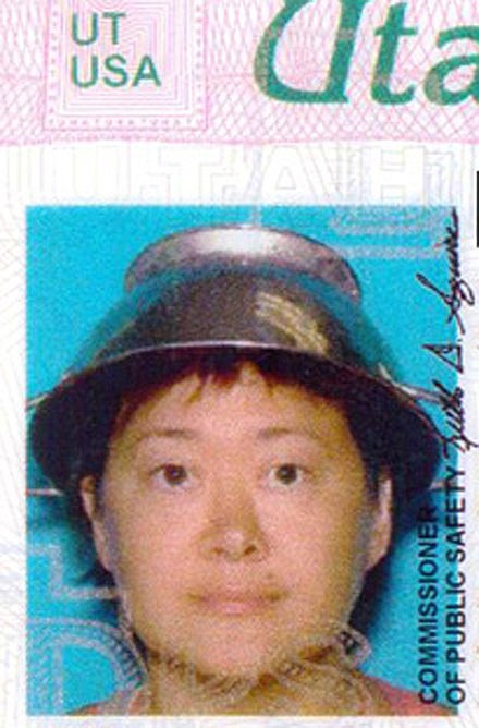 Asia Lemmon, whose legal name appears on her driver's license as Jessica Steinhauser, is shown wearing a metal colander on her head on her Utah driver's license in this undated photo. Lemmon says the pasta strainer represents her beliefs in the Church of the Flying Spaghetti Monster.