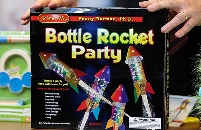 "Bottle Rocket Party", which made the annual list of worst toys, at Franciscan Hospital for Children in Boston, Wednesday, Nov. 19, 2014. The consumer watchdog group has released its annual list of what it considers to be the 10 most unsafe toys as the holiday season approaches. 