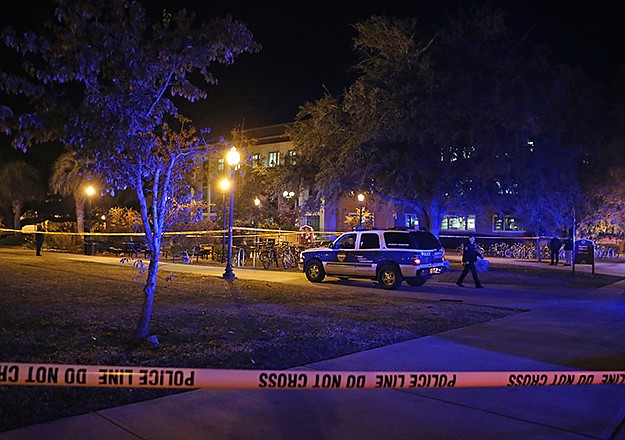 Police investigate a shooting at Strozier Library on Florida State campus on Thursday in Tallahassee, Florida.