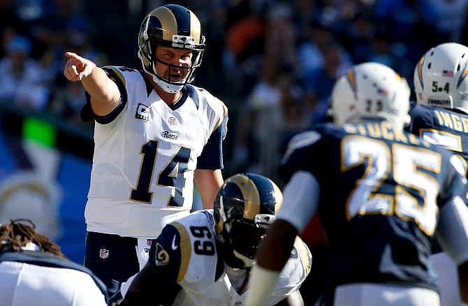 St. Louis Rams quarterback Shaun Hill yells to his team during the first half of an NFL football game against the San Diego Chargers Sunday, Nov. 23, 2014, in San Diego.