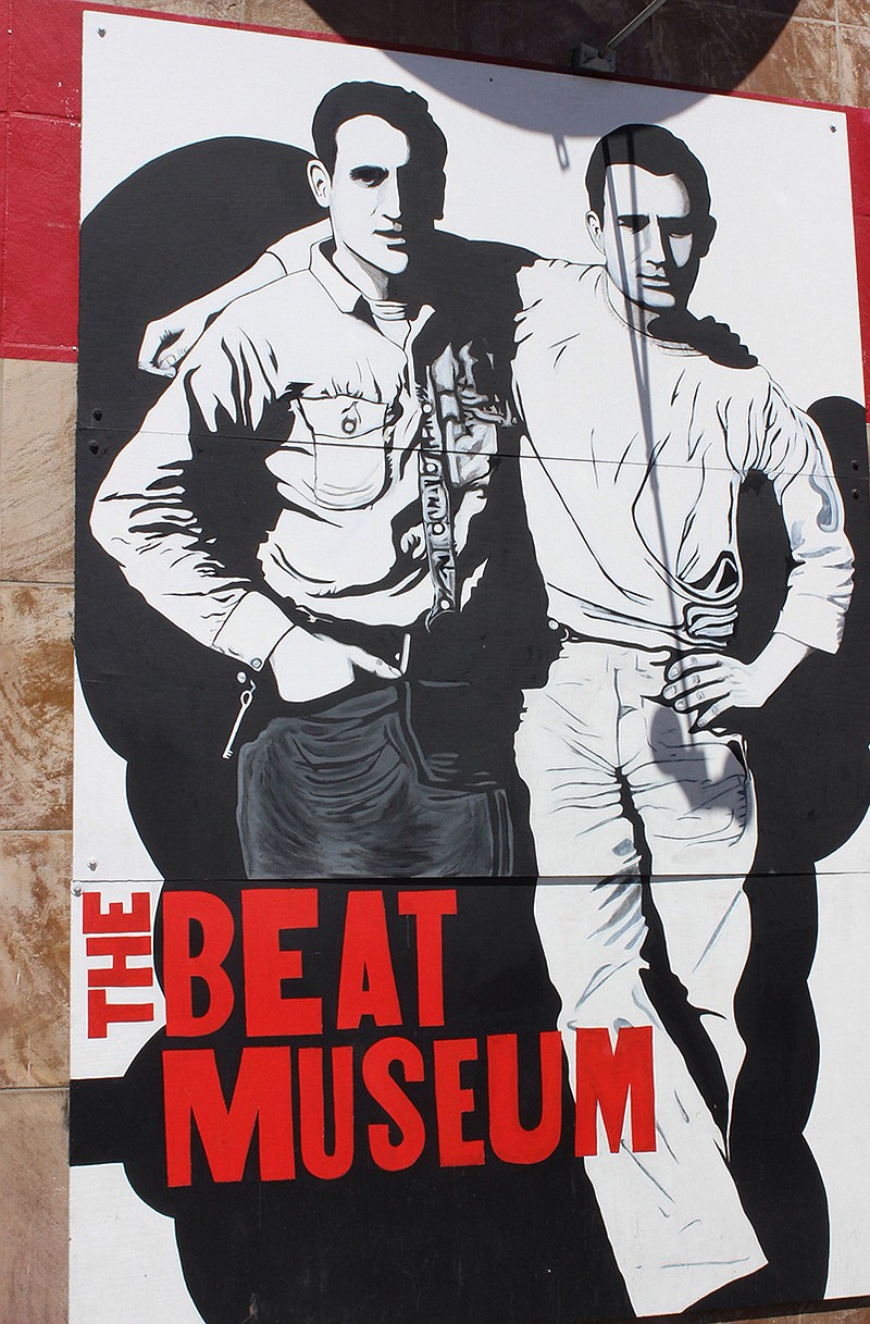 his photo by Beat Museum founder and curator Jerry Cimino of a mural from a 1952 photograph adorning the exterior of the museum in San Francisco, shows Beat Generation writer Jack Kerouac, right, and his friend and fellow Beat author Neal Cassady. A letter written by Cassady inspired Kerouac's own writing.