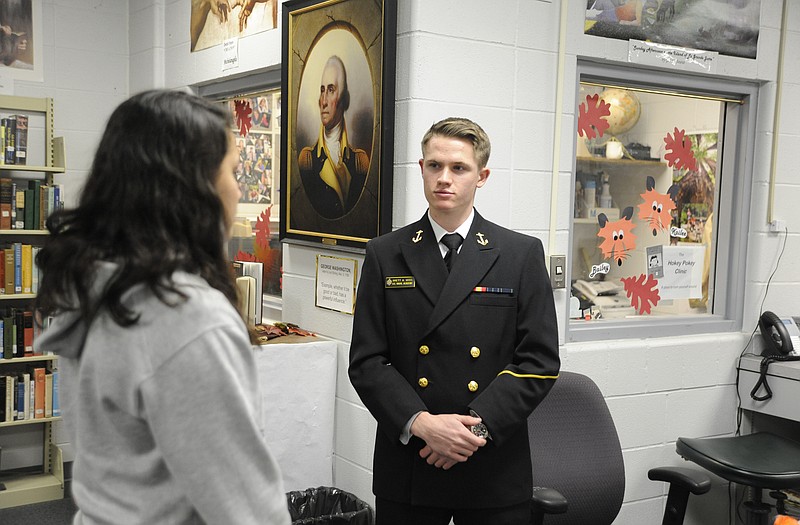 Blair Oaks graduate Brett Voss is a third-class midshipman, or the equivalent of a sophomore, at the U.S. Naval Academy. He came home early for Thanksgiving Day break to share information with five Mid-Missouri schools about the benefits of attending the military academy.
