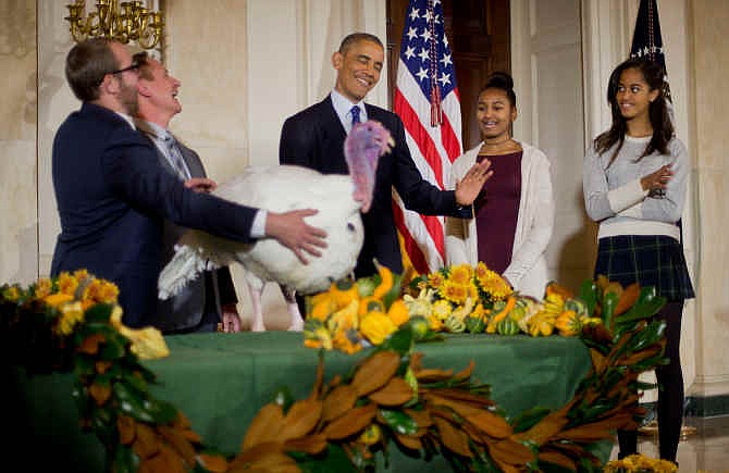 President Barack Obama, center, with daughters Sasha, second from right, and Malia, right, carries on the Thanksgiving tradition of saving a turkey from the dinner table with a "presidential pardon" of 'Cheese' in the Grand Foyer of the White House in Washington, Wednesday, Nov. 26, 2014. Also with Cheese are Gary Cooper chairman of the National Turkey Federation and owner of Cooper Farms and his son Cole Cooper, far left. 