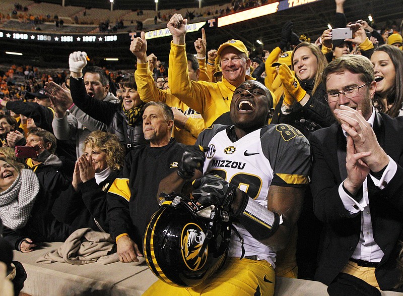 Missouri wide receiver Jimmie Hunt celebrates with Tiger fans after last Saturday's 29-21 win against Tennessee in Knoxville, Tenn.