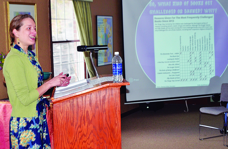 Courtney Waters, the teen services librarian at Missouri River Regional Library, gave a presentation Sunday at the Unitarian Universalist Fellowship on the subject of banned books. 