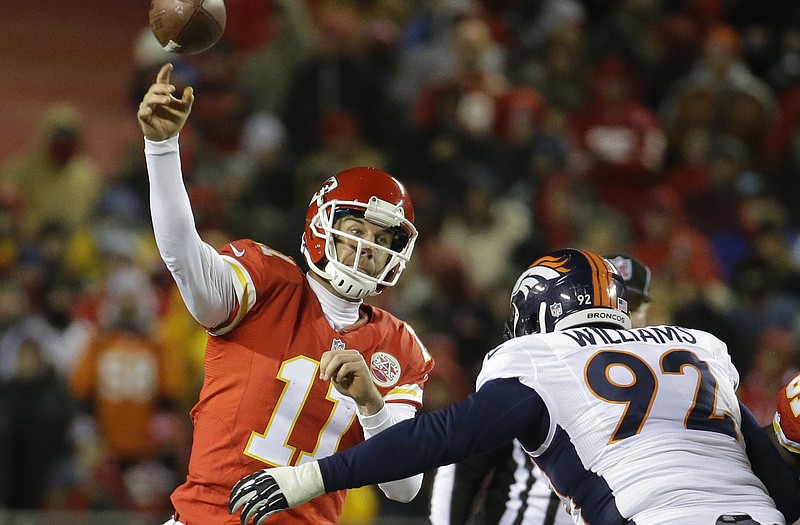 Broncos defensive tackle Sylvester Williams, a former Jefferson City Jay, pressures Chiefs quarterback Alex Smith during Sunday night's game in Kansas City.