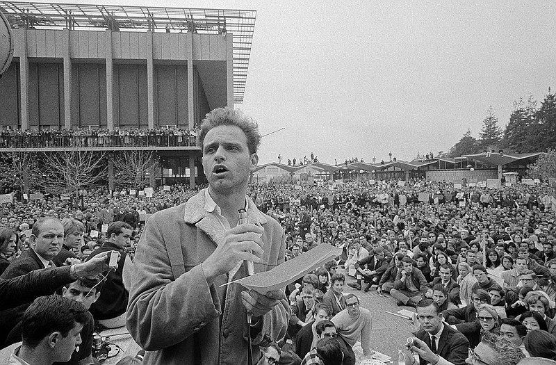 In this Dec. 7, 1964 photo, Mario Savio, leader of the Berkeley Free Speech Movement, speaks to assembled students on the campus at the University of California in Berkeley, Calif. The fall of 2014 marks the 50th anniversary of the Free Speech Movement, a protest that only lasted for three months but set the stage for the turbulent 1960s.