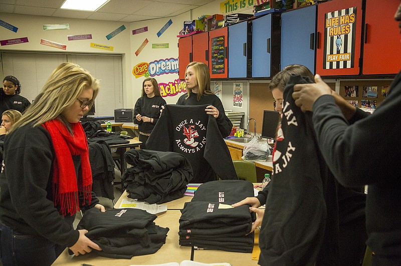 Nichols Career Center students taking an advanced entrepreneurship class have been busy this fall marketing sweatshirts bearing the Jays' logo. The project is designed to teach students how to build their own successful startup company.