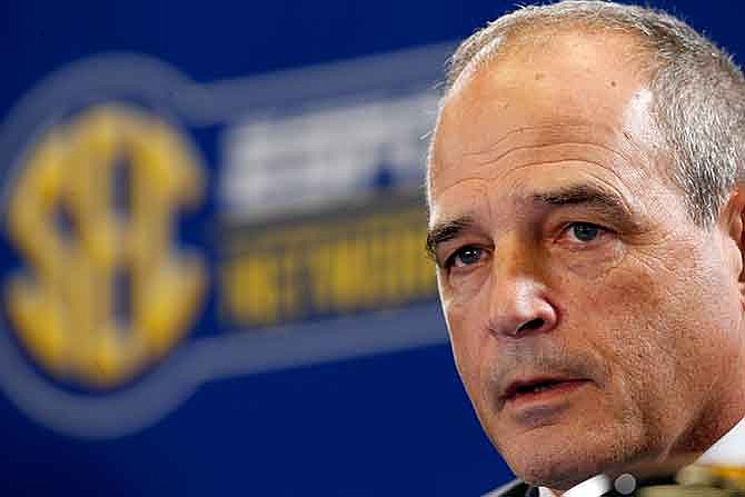 Missouri head coach Gary Pinkel speaks during a news conference, Friday, Dec. 5, 2014, in Atlanta, ahead of the Southeastern Conference championship football game between Alabama and Missouri held Saturday.