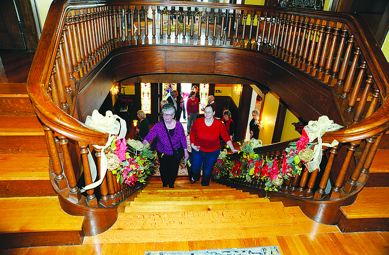 From left, Jefferson City residents Shirley Larsen and Melaine Gravatt walk up the staircase of the Villa Panorama Mansion during Sunday's Heisinger Homes Tour. The historic home was one of six, plus Trinity Lutheran Church, that was on the annual tour. It is organized by the Heisinger Bluffs and St. Joseph Bluffs auxiliary, and is the largest fundraiser for the benevolent fund.