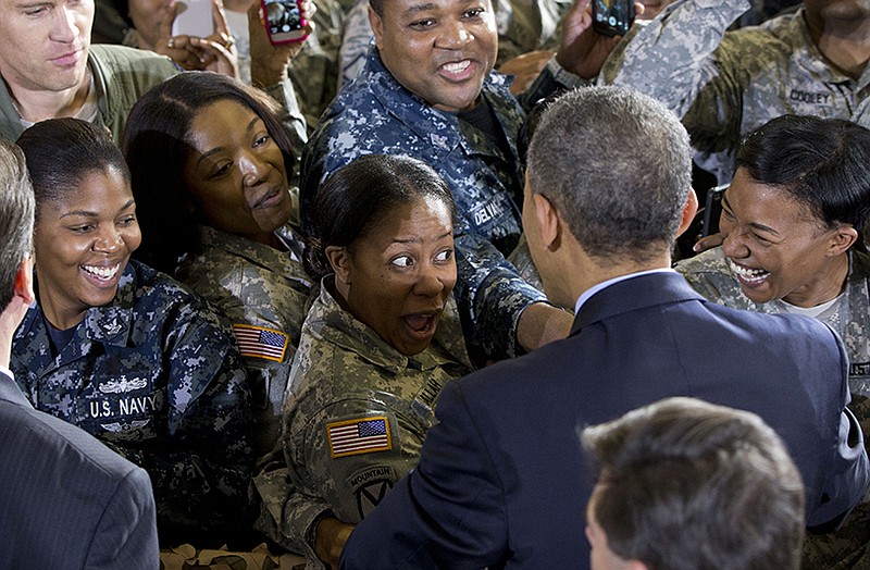 Troops react Monday as they are greeted by President Barack Obama after his speech at Joint Base McGuire-Dix-Lakehurst, N.J.
