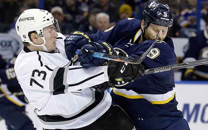 St. Louis Blues' Steve Ott, right, checks Los Angeles Kings' Tyler Toffoli during the second period of an NHL hockey game Tuesday, Dec. 16, 2014, in St. Louis.