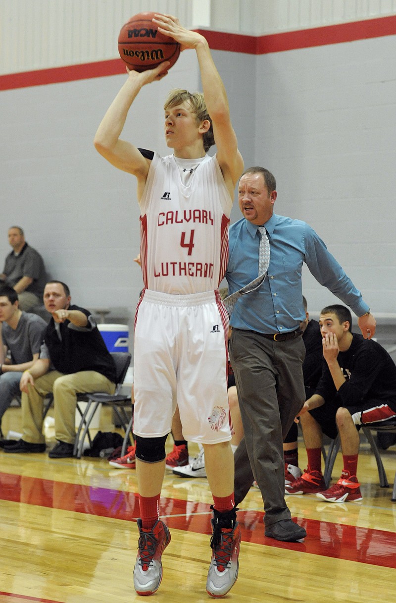 Beau Monson of Calvary Lutheran puts up a shot during Monday night's game against Belle at Calvary Lutheran.