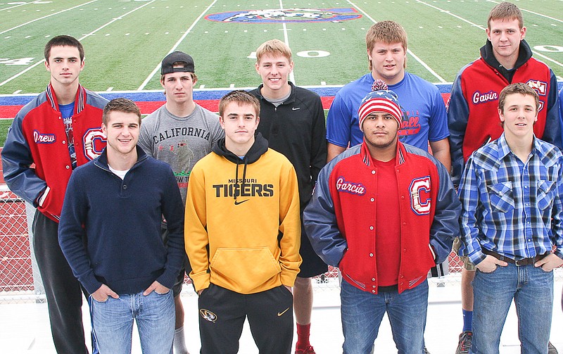 The Missouri Football Coaches Association honored numerous California players on its All-District teams for District 6. The Pintos selected were (top row, from left): senior Drew Norton (First Team receiver), senior Walker Borghardt (First Team kick/punt returner, Second Team running back), senior Allan Burger (First Team linebacker), senior Nathan Squires (First Team defensive lineman, Second Team offensive lineman) and senior Gavin Pickering (Second Team offensive lineman). Also selected were (front row, from left): senior Jaden Barr (First Team quarterback, First Team punter), junior Landon Mouse (First Team defensive back), senior Ramiro Garcia (Second Team defensive lineman) and junior Brandan Gump (Second Team linebacker).