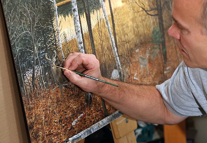 Outdoor artist Stephen Hamrick puts some highlight touches on a buck in this landscape commissioned painting on Dec. 1, at his Lakeville, Minnesota home studio. Hamrick recently won the Minnesota DNR's 2015 walleye stamp contest for his rendition of the toothy fish.