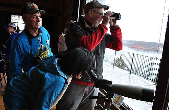 Chicago residents Betty and Dan Otto, at telescope and right, look at a bald eagle sitting in a nearby tree by Missouri's Lake of the Ozarks, as Lake of the Ozarks Master Naturalist Marvin Silliman discusses the majestic creatures during Eagle Days 2015.
