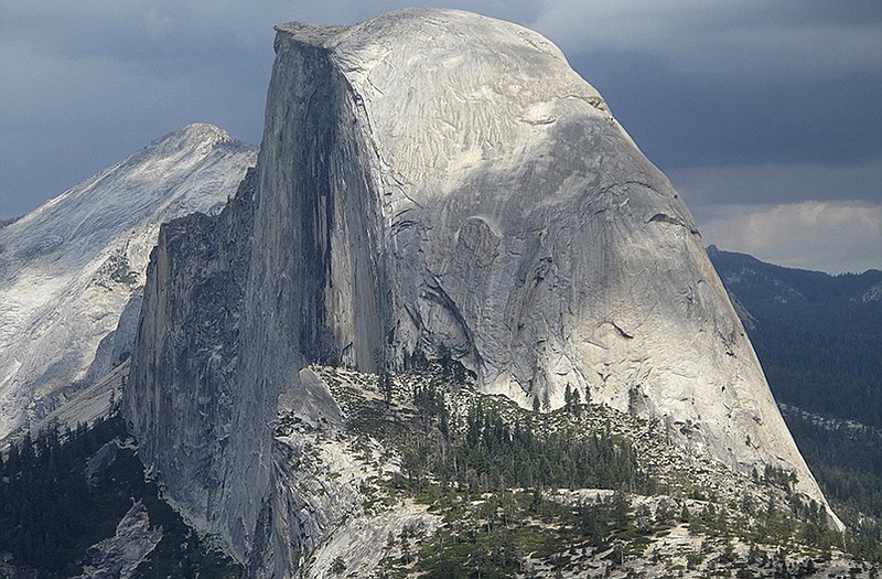 The sheer Dawn Wall of Half Dome is seen from Glacier Point at Yosemite National Park