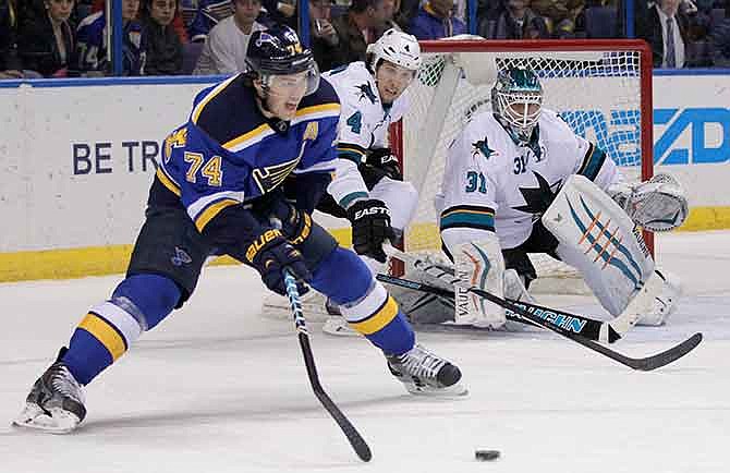 St. Louis Blues' T.J. Oshie (74) looks to shoot the puck as San Jose Sharks goalie Antti Niemi (31) defends in the second period of an NHL hockey game, Thursday, Jan. 8, 2015 in St. Louis.