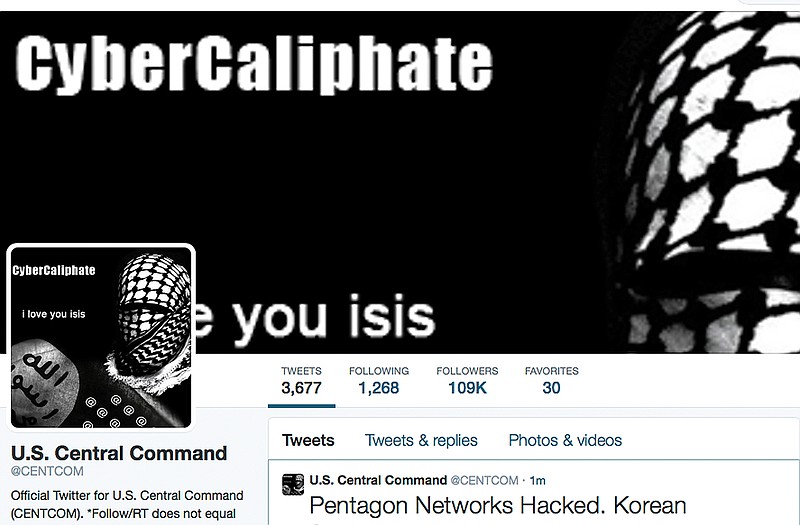 This screen grab made Monday shows the front page of the U.S. Central Command twitter account after is was hacked. The twitter site of the military's U.S. Central Command was taken over Monday by hackers claiming to be working on behalf of the Islamic State militants.