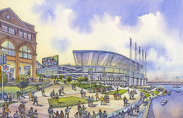The approach from the southeast is depicted in a drawing of the proposed new stadium in St. Louis.