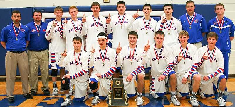 The California boys basketball team celebrates its second consecutive title at the California Basketball Tournament. The Pintos beat Mexico, 65-58, in Saturday's final.