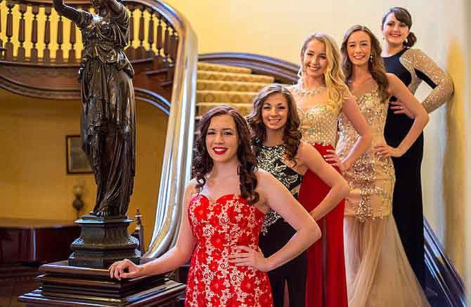 From left: Winter Sports queen Jaycie Sabala and court memebrs Jessica Von Gunten, Madeline Brown, Meredith Manda and Alyssa Lange are pictured at the Governor's Mansion.