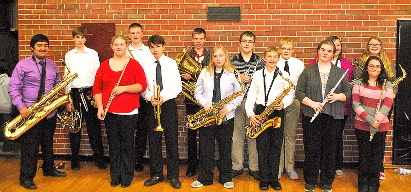 Representing California this year in the Junior High All-District Band are, from left: eighth graders David Cisneros - baritone sax, Aaron Spillars - French horn, Katie McGinnis - flute, Nathan Pickering - trombone, Colton Foss - trumpet, Tyler Korte - tuba, Emily Gray - tenor sax; seventh graders Charlie Turner - trumpet, Tucker Friedmeyer - tenor sax, Dawson Shackleford - trumpet, Brooke LaFavor - flute, Jayna Knipp - tenor sax; and eighth grader Madison Thompson - flute; and seventh grader Lucia Embry - alto sax.