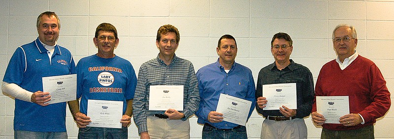 The members of the California R-I School Board are presented Certificates of Appreciation at the regular monthly meeting Wednesday, Jan. 21. Board members are, from left, Craig Ash, Kyle Wirts, Joe Kirby, Jay VanDieren, Philip Burger and Paul Bloch. Not present for the photo was Rhonda Meyer.