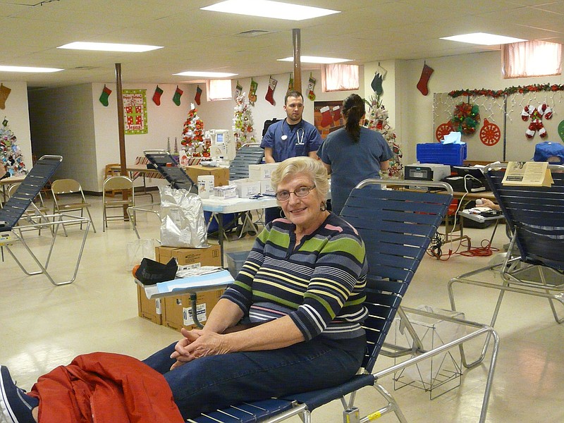 Karen Strickfaden preparing to donate blood at the St. Paul Blood Drive held Thursday.