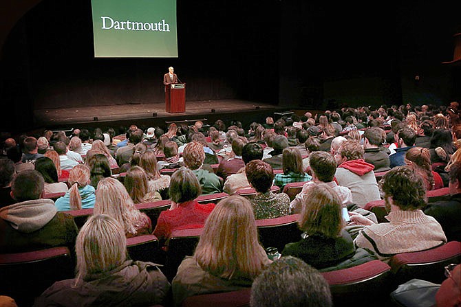 Dartmouth College President Philip Hanlon speaks to faculty and students about changes planned for the Ivy League school Thursday in Hanover, New Hampshire. Dartmouth College banned hard liquor on campus and said all students will have to take part in a sexual violence prevention program all four years they're enrolled at the Ivy League school. 