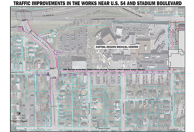 This aerial map shows a plan to make Monroe Street a two-way street from Woodlawn Avenue to Stadium Boulevard. (Map is oriented with west at the top, north at right.)