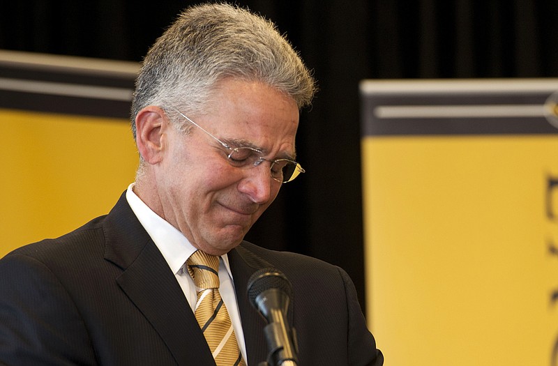 Missouri athletic director Mike Alden gets emotional during a press conference Friday in Columbia.