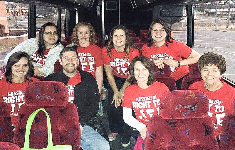 On the bus to go to the March for Life in Washington, D.C., are, front row, from left: Debra Lake, Jack Lake, Diane Ott, Elaine Ott; and back row, Kelsey Ott, Crystal Ashley, Megan Chappell and Ashley Cox.