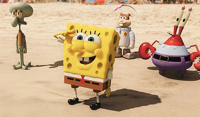 This image released by Paramount Pictures and Nickelodeon Movies shows characters, from left, Squidward Tentacles, SpongeBob SquarePants, Sandy Cheeks, and Mr. Krabs in a scene from "The Spongebob Movie: Sponge Out of Water."