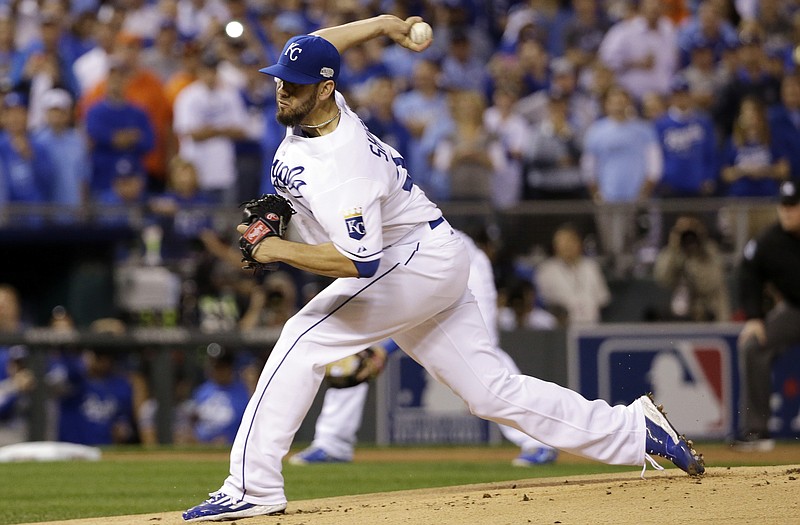 Royals pitcher James Shields throws to the plate during Game 1 of the World Series against the Giants last year at Kauffman Stadium.