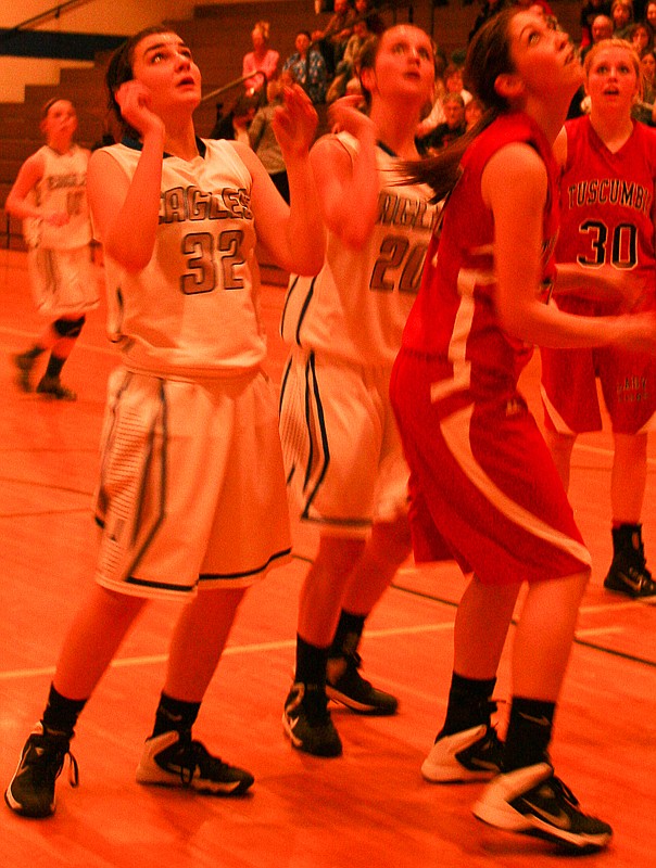 Several players wait for a rebound, including Jamestown junior Emily Scheperle (32), in a girls basketball game between Tuscumbia and the Lady Eagles on Tuesday, Feb. 3. Tuscumbia won, 78-48.