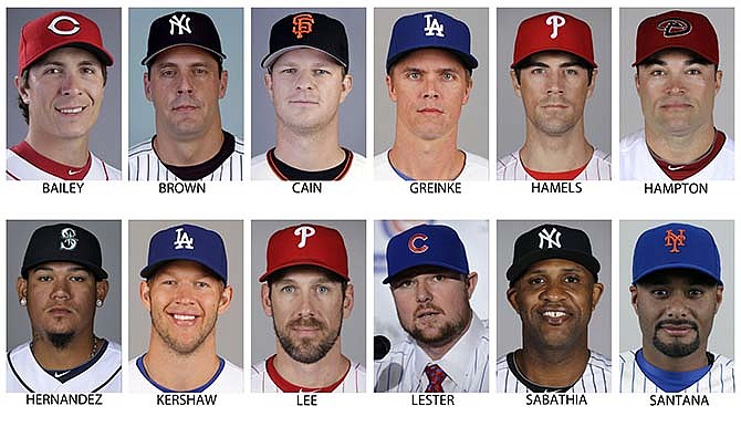 These are file photos showing baseball pitchers Homer Bailey, Kevin Brown, Matt Cain, Zack Greinke, Cole Hamels, Mike Hampton, Felix Hernandez, Clayton Kershaw, Cliff Lee, Jon Lester, CC Sabathia and Johan Santana. Max Scherzer and Jon Lester report to spring training with new teams next week, swelling the $100 million pitcher club to 16 members.