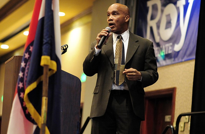 Keynote speaker, national radio show host and author Kevin Jackson speaks to an attentive crowd during Monday evening's Cole County Lincoln Days event hosted by the Cole County Republican Central Committee at the Capitol Plaza Hotel.