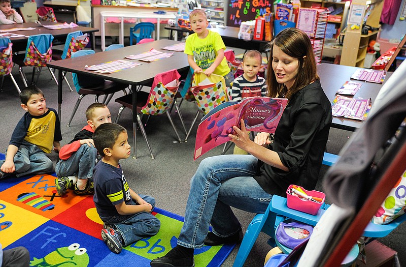 Jodeen Maness read to her students in California Elementary School's pre-kindergarten class.