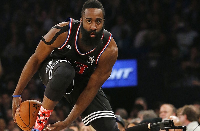 James Harden tries to keep the ball inbounds during the second half of Sunday night's NBA All-Star Game in New York.