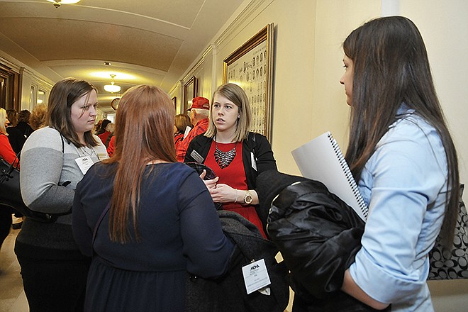 Hundreds of people from several groups were on hand at the Capitol Wednesday to lobby on behalf of their group or organization. Pictured are student nurses and members of Missouri Nurses Association that met to further strategize their lobby.