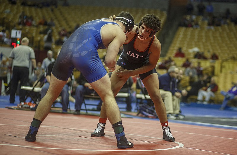 Jalen Martin of the Jays squares off with Steven Marion of Liberty in the Class 4 quarterfinals at 195 pounds Friday at Mizzou Arena. Martin won the match and later Friday advanced to tonight's title match.