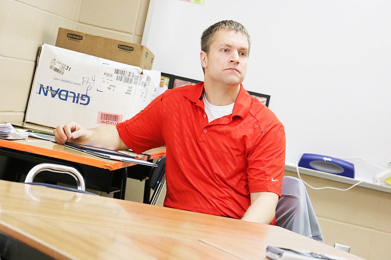 New Bloomfield math teacher Tim Gilmore sits in on an Algebra II class at South Callaway High School Monday morning to observe the teacher's use of technology in the classroom.