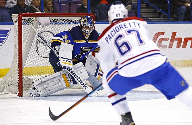 St. Louis Blues goalie Jake Allen watches as Montreal Canadiens' Max Pacioretty skates in with the puck during the first period of an NHL hockey game Tuesday, Feb. 24, 2015, in St. Louis.